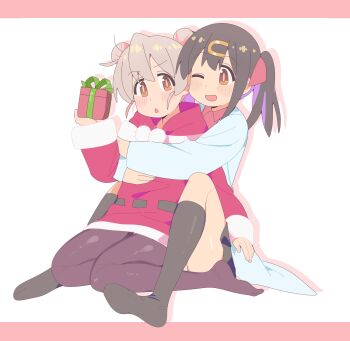 2girls ;d absurdres black_hair black_socks brown_eyes commentary_request double_bun full_body gift grey_hair hair_bun hair_ornament hair_ribbon hairclip highres holding holding_gift hug hug_from_behind karubi_(karubi465558) kneehighs lab_coat long_sleeves multicolored_hair multiple_girls no_shoes one_eye_closed onii-chan_wa_oshimai! open_mouth oyama_mahiro oyama_mihari pink_hair pom_pom_(clothes) purple_hair red_ribbon ribbon santa_costume siblings simple_background sisters sitting smile socks twintails two-tone_hair white_background