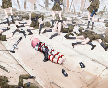 6+girls absurdres after_battle ahoge arms_behind_back bdsm black_gloves black_neckerchief black_panties black_socks blue_archive bondage bound bound_arms bound_legs bulletproof_vest commentary_request crotch_rope defeat fingerless_gloves gloves green_serafuku gun halo helmet highres hogtie holding holding_gun holding_weapon hoshino_(blue_archive) kumachi_(aikawaakeya) long_hair lying military_uniform multiple_girls neckerchief on_stomach panties pink_hair plaid_clothes plaid_skirt pleated_skirt restrained school_uniform serafuku shibari shibari_over_clothes shirt shoes skindentation skirt sneakers socks spread_legs underwear weapon white_panties white_shirt white_socks