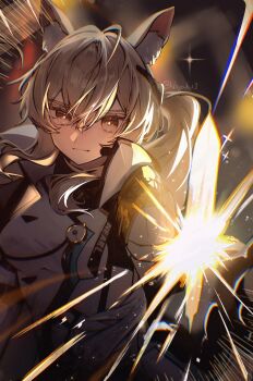 1girl animal_ears arknights blonde_hair breasts commentary_request hair_between_eyes highres horse_ears horse_girl kisyaku3 long_hair medium_breasts nearl_(arknights) nearl_the_radiant_knight_(arknights) official_alternate_costume solo yellow_eyes