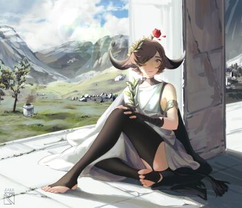 1girl ancient_greek_clothes animal_ears arknights armlet artist_logo bare_shoulders black_shirt black_thighhighs blush brown_hair cloud cloudy_sky cow_ears cow_girl cow_horns cow_tail dated fingerless_gloves flower flower_on_head gloves grass greco-roman_clothes green_eyes hair_over_one_eye highres horns jewelry knee_up laurel_crown logo mon0ch mountain official_alternate_costume pallas_(arknights) pallas_(heritage)_(arknights) petals robe rose rose_petals shirt short_hair sitting sky smoke solo tail thighhighs thighs toeless_legwear toes tree white_robe
