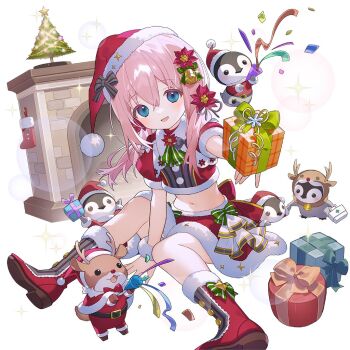 1girl adelina_blue aqua_eyes bird box christmas_tree deer fireplace gift gift_box hat holding holding_gift long_hair low_twintails midriff party_popper penguin pink_hair santa_costume santa_hat sidelocks twintails uchi_no_hime-sama_ga_ichiban_kawaii yamiya_(8_18dlq)