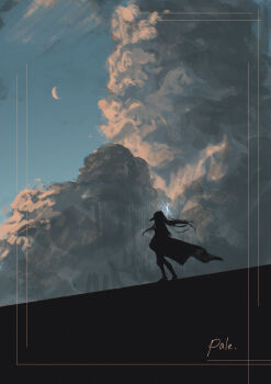 1girl absurdres baseball_cap blue_archive blue_halo cloud cloudy_sky coat crescent_moon from_side halo hat highres kani_etizen03 long_hair moon saori_(blue_archive) scenery sky solo