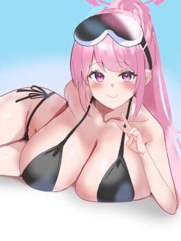 aw999555 bikini black_bikini blue_archive blush breasts eimi_(blue_archive) eimi_(swimsuit)_(blue_archive) goggles halo halterneck high_ponytail highres huge_breasts long_hair looking_at_viewer lying on_side pink_eyes pink_hair pink_halo ponytail sidelocks ski_goggles smile swimsuit v