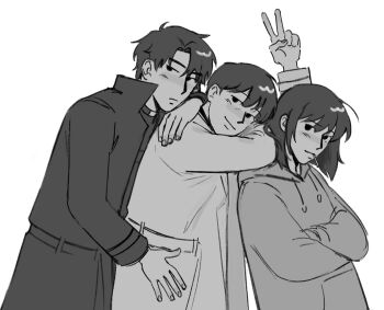 1girl 2boys black_coat black_eyes black_shirt bob_cut coat cowboy_shot curtained_hair dokjasepilogue elbow_rest greyscale grin han_sooyoung highres hood hood_down hoodie kim_dokja leaning_on_person lollipop_in_mouth looking_at_viewer monochrome multiple_boys omniscient_reader&#039;s_viewpoint open_clothes open_coat popped_collar shirt short_hair sidelocks smile v white_coat yoo_joonghyuk