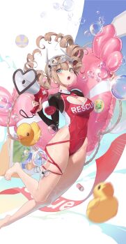 1girl :o arm_strap ball barefoot beachball blue_eyes blush breasts brown_hair bubble cleavage_cutout clothing_cutout coloringday commentary cooler cross drill_hair feet floating_hair food fruit goggles goggles_on_head hair_ornament hairclip heart heart_cutout highleg highleg_one-piece_swimsuit highres holding holding_megaphone index_finger_raised innertube large_breasts lifeguard long_sleeves looking_at_viewer megaphone one-piece_swimsuit open_mouth original pouch red_one-piece_swimsuit rubber_duck shrug_(clothing) solo swim_goggles swim_ring swimsuit symbol-only_commentary toes twin_drills twintails water_drop watermelon wet whistle