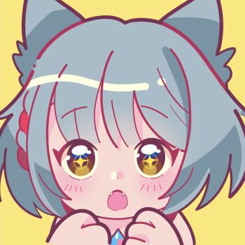 1girl :o animal_ears blush bob_cut cat_ears cat_girl chest_jewel chibi commentary english_commentary fangs grey_hair highres jacket looking_at_viewer marikyuunn mio_(xenoblade) short_hair simple_background solo sparkling_eyes thick_lineart xenoblade_chronicles_(series) xenoblade_chronicles_3 yellow_background yellow_eyes