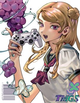 1girl barcode blonde_hair blush breasts clover controller copyright_name dualshock floating_hair food four-leaf_clover fruit frutiger_aero game_controller gamepad grapes grey_sailor_collar hair_bun half_updo highres holding holding_controller index_finger_raised long_hair looking_at_viewer medium_breasts neckerchief open_mouth parted_bangs playstation_controller puffy_short_sleeves puffy_sleeves purple_eyes purple_neckerchief q7ley sailor_collar school_uniform shirt short_sleeves side_up_bun single_side_bun smile solo sudou_mizuki tokimeki_memorial tokimeki_memorial_girl's_side tokimeki_memorial_girl's_side_1st_love turning_head upper_body water white_background white_shirt