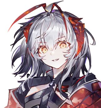 1girl antenna_hair arknights demon_girl demon_horns grey_hair horns light_smile looking_at_viewer medium_hair orange_eyes parted_lips red_horns simple_background solo teeth upper_body w_(arknights) white_background wis&#039;adel_(arknights) yeonan