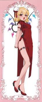 1girl :d absurdres alternate_costume alternate_hair_length alternate_hairstyle arms_behind_back blonde_hair border bow breasts bun_cover china_dress chinese_clothes double_bun dress flandre_scarlet floral_border flower full_body gotoh_(nekocat) hair_bun highres interlocked_fingers looking_at_viewer nail_polish open_mouth own_hands_together pelvic_curtain pink_border red_bow red_dress red_nails red_shoes rose scan shoes short_hair short_sleeves small_breasts smile solo standing standing_on_one_leg thigh_strap thighs third-party_source touhou white_background wings