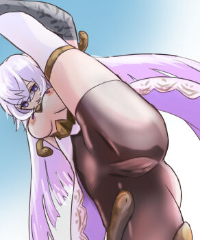 1girl absurdres artist_request bad_id bad_pixiv_id breasts grimms_notes highres leg_up magic_mirror_(grimms_notes) medium_breasts nipples purple_hair solo split standing standing_on_one_leg standing_split thighhighs white_thighhighs