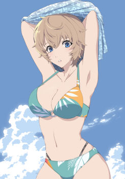 1girl arai_motoha armpits arms_up bare_shoulders bikini blue_eyes blue_sky breasts brown_hair cleavage clenched_teeth cloud collarbone commentary_request cowboy_shot day green_bikini hair_between_eyes highleg highleg_bikini highres kariginu_(gureviyo582) large_breasts layered_bikini looking_at_viewer navel official_alternate_costume parted_lips persona persona_5 persona_5:_the_phantom_x short_hair sidelocks sky solo standing stomach swimsuit teeth undressing