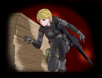 Rule 34 | assault rifle, blonde hair, blue eyes, bodysuit, female focus, gun, highres, metal gear (series), metal gear solid v: the phantom pain, rifle, short hair, sneaking suit, soldier, solo, weapon