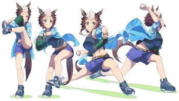 1girl absurdres animal_ears ball baseball baseball_glove belt blue_jacket blue_shorts bracelet breasts brown_hair clenched_teeth closed_mouth highres holding holding_ball horse_ears horse_girl horse_tail jacket jewelry medium_breasts mejiro_ryan_(umamusume) midriff motion_blur multicolored_hair multiple_views navel necklace nishiki_kazue open_mouth pitching purple_eyes sequential shoes short_hair short_shorts shorts simple_background sneakers standing standing_on_one_leg tail tank_top teeth throwing two-tone_hair umamusume v-shaped_eyebrows watch white_background wristwatch