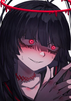 Rule 34 | 1girl, 33 gaff, absurdres, antenna hair, bags under eyes, black hair, black shirt, blood, blood halo, blue archive, blush, choker, close-up, commentary, embarrassed, halo, highres, liquid halo, long hair, melting halo, nervous, nose blush, own hands together, parted lips, red choker, red eyes, red halo, shirt, solo, sweat, sweatdrop, tsurugi (blue archive), white background