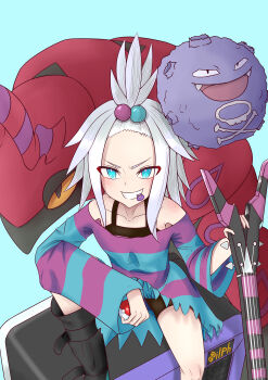 1girl absurdres aqua_background aqua_eyes bass_guitar black_boots black_shorts blush boots collarbone commentary_request dress fangs freckles gen_1_pokemon gen_5_pokemon hair_bobbles hair_ornament highres holding holding_bass_guitar holding_instrument holding_poke_ball instrument koffing long_sleeves mouth_hold nintendo open_mouth osutaka19931015 plectrum plectrum_in_mouth poke_ball poke_ball_(basic) pokemon pokemon_(creature) pokemon_bw2 roxie_(pokemon) scolipede shorts shorts_under_dress simple_background sitting skull_and_crossbones smile striped_clothes striped_dress teeth topknot two-tone_dress v-shaped_eyebrows white_hair