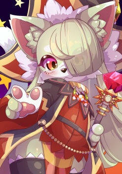 1girl :3 animal_ears animal_hands black_cloak black_thighhighs blunt_bangs cat_busters cat_ears cat_girl cat_tail cloak commentary cowboy_shot dress flat_chest furry furry_female gem green_fur green_hair hair_over_one_eye hat highres holding holding_staff hukurou693 jewelry liber_(cat_busters) long_hair long_sleeves looking_at_viewer necklace open_cloak open_clothes pawpads pear-shaped_figure petite pointing pointing_at_viewer red_dress shortstack solo staff standing tail thick_thighs thighhighs thighs very_long_hair wide_hips yellow_eyes zettai_ryouiki