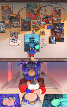 1girl absurdres arm_cannon autobot blue_eyes breasts cannon decepticon glowing glowing_eyes highres holding humanization insignia kotobukiya_bishoujo matrix_of_leadership mecha megatron multiple_boys namikaze_(dobbyka) open_mouth optimus_prime optimus_prime_(kotobukiya_bishoujo) red_eyes robot science_fiction smile transformers transformers:_generation_1 transformers_(live_action) transformers_one weapon