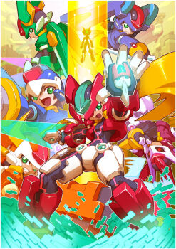 1boy 1girl aile_(mega_man_zx) arm_cannon armor biometal blonde_hair blue_helmet blue_jacket brown_hair clenched_teeth cropped_jacket dual_wielding foot_out_of_frame forehead_jewel glowing glowing_eyes green_eyes green_helmet green_jacket helmet henshin holding holding_cannon holding_polearm holding_sword holding_weapon jacket kuji-in long_hair mega_man_(series) mega_man_zx model_fx_(mega_man) model_hx_(mega_man) model_lx_(mega_man) model_ox_(mega_man) model_px_(mega_man) model_x_(mega_man) model_z_(mega_man) model_zx_(mega_man) multiple_views neon_trim ninja official_art open_clothes open_jacket open_mouth orange_helmet polearm power_armor purple_helmet purple_jacket red_eyes red_helmet red_jacket short_hair smile sword tan teeth upside-down vent_(mega_man) weapon yabe_makoto