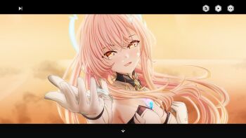 1girl absurdres aemeath_(wuthering_waves) asutokun_th breasts commentary_request crying crying_with_eyes_open evening gloves hair_ornament highres large_breasts long_hair looking_at_viewer offering_hand open_mouth orange_eyes orange_sky outstretched_arm pink_hair sky smile solo tears upper_body user_interface white_gloves wuthering_waves