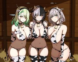 Rule 34 | 3girls, absurdres, animal ears, animal print, asymmetrical docking, bell, bikini, breast press, breasts, ceres fauna, cleavage, cow ears, cow girl, cow horns, cow print, cow print bikini, cowbell, daydarion, green eyes, grey hair, highres, hololive, hololive english, horns, huge breasts, large breasts, long hair, multiple girls, navel, print bikini, shiori novella, shirogane noel, swimsuit, thighhighs, thighs, virtual youtuber