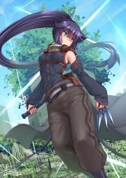 Rule 34 | 1girl, adsouto, akatsuki (log horizon), assassin, bare shoulders, blue hair, blush, building, commentary, detached sleeves, english commentary, female focus, grass, highres, holding, holding weapon, log horizon, long hair, ponytail, solo, sword, tree, very long hair, weapon