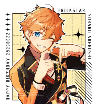 Rule 34 | 1boy, akehoshi subaru, blue eyes, blush, bow, character name, commentary request, dated, ensemble stars!, four-finger heart hands, hair between eyes, hands up, happy birthday, heart, heart hands, highres, jacket, long sleeves, looking at viewer, male focus, multicolored jacket, oftongasuki3, one eye closed, orange hair, short hair, smile, solo, two-tone jacket, upper body