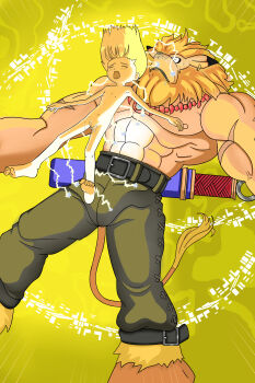 1boy 1girl absurdres arms_outstretched barefoot belt biomerge blush breasts closed_eyes collar colored_skin completely_nude digimon digimon_(creature) digimon_tamers drooling dubidu123 earrings embarrassed energy feet female_ejaculation floating floating_hair full_body furry furry_male fusion hair_down henshin highres jewelry katou_juri leomon lion_boy loli matrix_evolution medium_hair moaning muscular muscular_male navel nude open_mouth orgasm pants pussy small_breasts soles sword toe_scrunch transformation weapon xamu yellow_skin