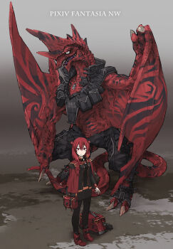 Rule 34 | 1girl, body armor, boots, dog tags, dragon, hair ribbon, highres, looking at viewer, luggage, original, pantyhose, pixiv fantasia, pixiv fantasia new world, red eyes, red hair, ribbon, tsukuba masahiro, twintails, uniform