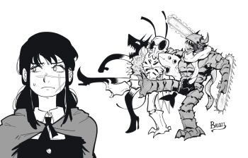 1girl artist_name black_hair blood_devil_(chainsaw_man) breasts chainsaw chainsaw_devil chainsaw_man cross_scar facing_to_the_side greyscale hair_between_eyes highres intestine_clothing intestines long_hair monochrome open_mouth ringed_eyes scar scar_on_face scar_on_nose scene_reference shark_devil_(chainsaw_man) shirt signature simple_background teeth victorbalgitt yoru_(chainsaw_man)