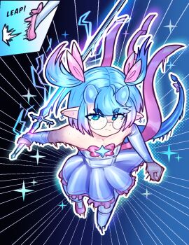 aqua_eyes aqua_hair art_study clenched_hand closed_mouth colored_tips commentary dawnfire demon_girl dress ely_(dawnfire) emphasis_lines english_commentary eyelashes freckles glasses hair_ribbon holding holding_sword holding_weapon horns jumping magical_girl motion_blur multicolored_hair original outline pink_hair pink_ribbon ribbon round_eyewear short_twintails sound_effects sparkle split_mouth sword tail twintails weapon white_dress white_outline