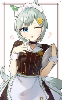 1girl animal_ears apron blue_eyes blush brown_shirt brown_skirt closed_mouth coco's collar commentary_request ear_covers flower frilled_collar frills grey_hair hair_between_eyes hair_flower hair_ornament hairclip heart highres holding holding_tray horse_ears horse_girl horse_tail looking_at_viewer one_eye_closed seiun_sky_(umamusume) shirt short_hair single_ear_cover skirt smile solo sunflower sunflower_hair_ornament tail tetra_(ktet4_illu) tongue tongue_out tray umamusume waist_apron white_apron white_headdress white_wrist_cuffs wrist_cuffs