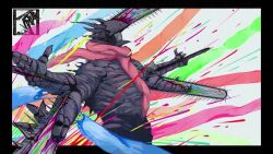 1boy animated artist_name audible_music audible_speech black_border blood border chainsaw chainsaw_devil chainsaw_man colorful english_audio extra_arms inset jjeanlll lineart making-of male_focus organs outside_border outstretched_arms red_scarf reference_inset scarf sharp_teeth signature sketch solo sound spread_arms teeth upper_body video volume_warning white_background