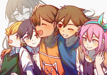 2girls 4boys :d ;d ^_^ antenna_hair aqua_hairband arm_around_shoulder aubrey_(faraway)_(omori) aubrey_(omori) bailan1130 basil_(faraway)_(omori) basil_(omori) black_hair black_shirt black_sweater_vest blonde_hair blue_eyes blue_sweater blush bow_hairband breasts bright_pupils brother_and_sister brothers brown_eyes brown_hair chinese_commentary clenched_hand closed_eyes closed_mouth collarbone collared_shirt colored_skin commentary_request dark-skinned_male dark_skin double-parted_bangs green_sweater_vest grey_background grey_eyes grey_skin grin hair_behind_ear hair_between_eyes hairband hand_on_another&#039;s_head hand_on_own_chest hand_on_own_chin hand_on_own_shoulder hand_up hero_(faraway)_(omori) hero_(omori) highres jacket kel_(faraway)_(omori) kel_(omori) long_hair looking_ahead looking_at_another lower_teeth_only mari_(omori) mari_(spirit)_(omori) multiple_boys multiple_girls omori one_eye_closed open_clothes open_jacket open_mouth orange_tank_top pale_skin pink_hair profile sailor_collar shirt short_hair short_sleeves siblings sidelocks simple_background small_breasts smile spoilers straight_hair sunny_(omori) sweater sweater_vest tank_top teeth tongue upper_body upper_teeth_only v-shaped_eyebrows very_short_hair white_jacket white_pupils white_shirt yellow_sailor_collar
