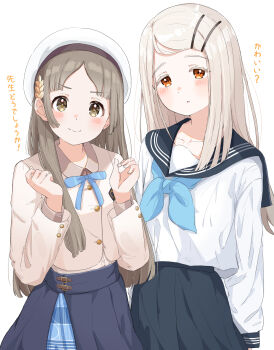 2girls absurdres beret black_overskirt black_sailor_collar black_skirt blue_neckerchief blue_ribbon blue_skirt blush brown_eyes brown_jacket brown_shirt closed_mouth collarbone collared_shirt colored_eyelashes commentary_request cowboy_shot gakuen_idolmaster grey_hair hair_ornament hairclip hands_up hat hatsuboshi_gakuen_school_uniform highres idolmaster jacket kuramoto_china laurels leaf_hair_ornament long_hair long_sleeves looking_at_viewer multiple_girls neck_ribbon neckerchief orange_eyes parallel_hairclips parted_lips pleated_skirt raichita ribbon sailor_collar school_uniform serafuku shinosawa_hiro shirt simple_background skirt smile swept_bangs translation_request white_background white_hat white_shirt