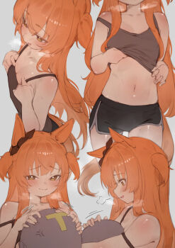1boy 1girl animal_ears blush downblouse flat_chest hair_ornament hair_ribbon heart heart-shaped_pupils highres horse_ears horse_girl hug loli long_hair mayano_top_gun_(umamusume) multiple_views orange_hair pulling_own_clothes ribbon short_shorts shorts sigh steam steaming_body strap_slip symbol-shaped_pupils trainer_(umamusume) umamusume xaea_xp yellow_eyes