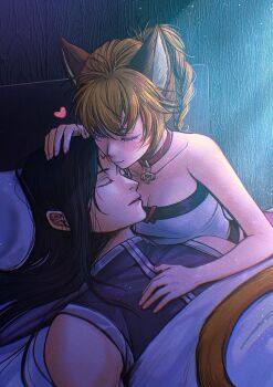 1boy 1girl absurdres animal_ears bare_arms bare_shoulders black_hair braid breasts cat cat_ears cat_girl cat_tail choker cleavage collar collarbone commission commissioner_upload eyelashes facepaint facial_mark fire_emblem fire_emblem:_path_of_radiance fire_emblem:_radiant_dawn forehead_mark hair_between_eyes hand_on_another's_head heart highres indoors kiss kissing_forehead laguz_(fire_emblem) light_blush lying lyre_(fire_emblem) medium_breasts messy_hair moonlight nintendo omulol on_back orange_hair orange_tail pink_choker pink_collar sleeping soren_(fire_emblem) tail under_covers whisker_markings