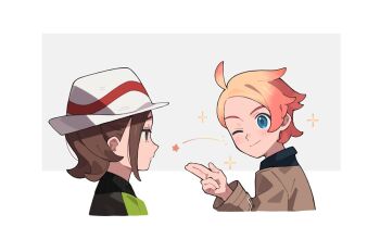 1boy 1girl blue_eyes blush brown_hair brown_jacket closed_mouth harmony_(pokemon) hat highres jacket looking_at_another nintendo one_eye_closed pekaso1118n pink_hair pokemon pokemon_legends:_z-a profile short_hair simple_background smile star_(symbol) urbain_(pokemon) white_background white_hat