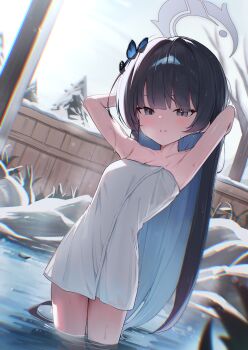 1girl 9nu absurdres black_hair blue_archive breasts butterfly_hair_ornament commentary hair_ornament halo highres kisaki_(blue_archive) long_hair looking_at_viewer naked_towel onsen small_breasts solo towel
