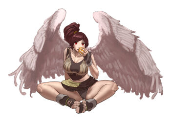 Rule 34 | 1girl, aion, angel wings, breasts, brown hair, commentary request, elyos, feathered wings, feet, food, fruit, large breasts, long hair, midriff, navel, orange (fruit), ponytail, red eyes, revision, sakamoto kengo, simple background, sitting, solo, toes, wings