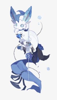 Rule 34 | absurdres, alternate color, alternate shiny pokemon, animal focus, aqua eyes, aqua sclera, blue flower, chinese commentary, colored sclera, commentary request, commission, flower, full body, gen 4 pokemon, highres, kamier586, leaf, leafeon, long tail, looking at viewer, nintendo, no humans, original, pokemon, pokemon (creature), pokemon focus, ribbon, sample watermark, simple background, solo, tail, tail ornament, tail ribbon, watermark, white background, white fur