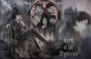 6+boys ajsaart angel arched_window black_cloak black_coat black_hair black_necktie black_vest bow bowtie castle character_request check_character cloak coat collared_shirt column copyright_name crossed_legs dwayne_dantes fog full_body gehrman_sparrow grey_hair hat head_tilt highres index_finger_raised indoors klein_moretti looking_at_viewer lord_of_the_mysteries merlin_hermes monocle multiple_boys multiple_persona multiple_views necktie open_clothes open_coat pillar red_cloak sherlock_moriarty shirt short_hair sitting stairs throne vest white_hair white_shirt window zhou_mingrui