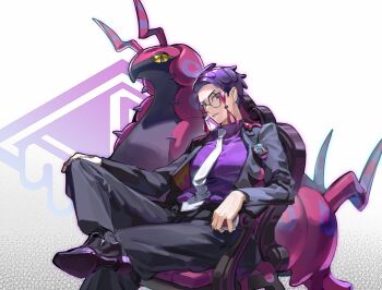 1boy antennae black-framed_eyewear black_hair black_jacket black_pants bug centipede chair collared_shirt colored_sclera corbeau_(pokemon) eyewear_strap gen_5_pokemon glasses horns jacket lightyear253733 long_sleeves looking_at_viewer mega_stone necktie nintendo open_clothes open_jacket pants parted_hair parted_lips pokemon pokemon_(creature) pokemon_legends:_z-a purple_hair purple_shirt round_eyewear scolipede shirt short_hair short_sideburns sitting undercut white_necktie yellow_eyes yellow_sclera