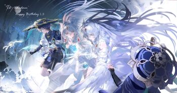 Rule 34 | 1boy, 1girl, angel wings, armor, arms at sides, artist request, belt, black belt, black bodysuit, black bow, black bridal gauntlets, black hair, black shorts, blue cape, blue gem, blue hat, blue kimono, blue sleeves, blunt ends, bodysuit, bow, bowtie, bridal gauntlets, cape, character name, closed mouth, clothing cutout, commentary request, commission, commissioner insert, couple, covered collarbone, dated, different reflection, diffraction spikes, dress, feathered wings, feathers, frilled sleeves, frills, full moon, furisode, gem, genshin impact, glint, gold, gold ring, hair between eyes, hair bow, hair ornament, hair ribbon, hairband, hakama, hakama shorts, happy birthday, hat, hayami momo (hayamimomo), hetero, highres, hip vent, japanese armor, japanese clothes, jingasa, juban, kimono, kote, kurokote, layered sleeves, long hair, long sleeves, looking at reflection, low wings, mandala, mandarin collar, middle ring, mole, mole under eye, moon, night, open clothes, open hand, open kimono, open mouth, original, pink eyes, pleated shorts, pom pom (clothes), purple cape, purple eyes, purple rope, purple sash, red gem, reflection, reflective liquid, ribbon, ripples, rope, sash, scaramouche (genshin impact), second-party source, short sleeves, shorts, shoulder cutout, shoulder peek, showgirl skirt, single bare shoulder, smile, split mouth, tassel, tress ribbon, tsurime, very long hair, vision (genshin impact), wanderer (genshin impact), white bow, white bowtie, white dress, white hair, white hairband, white kimono, white ribbon, white sleeves, white trim, white wings, wing hair ornament, wings, yellow feathers