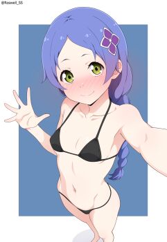 1girl absurdres artist_name bare_shoulders bikini black_bikini blue_background blush border bra braid braided_ponytail breasts cleavage closed_mouth collarbone green_eyes hair_ornament hairclip highres loli long_hair meili_portroute midriff navel panties parted_bangs purple_hair re:zero_kara_hajimeru_isekai_seikatsu roswell_ss selfie simple_background small_breasts smile solo swimsuit thighs twitter_username underwear underwear_only