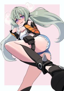 1girl @_@ alternate_costume aqua_hair artist_request ass bare_shoulders black_shoes black_sleeves blush boots breasts corin_wickes detached_sleeves dot_nose embarrassed from_below gradient_hair green_hair hair_between_eyes hands_up heavy_breathing highres hotpants knee_up loli long_hair long_sleeves looking_at_viewer multicolored_hair open_mouth pink_background pouch puff_of_air purple_eyes shoes short_shorts shorts simple_background small_breasts solo spiked_boots spiked_hair_ornament steam sweatdrop thigh_pouch thigh_strap thighs twintails very_long_hair wavy_mouth white_background zenless_zone_zero