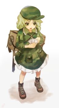 1girl ability_card_(touhou) backpack bag boots brown_boots camouflage card commentary_request flat_cap frilled_skirt frills full_body green_eyes green_hair green_hat hat highres holding holding_card jewelry key key_necklace medium_hair necklace open_mouth pocket simple_background siyumu skirt skirt_set touhou white_background yamashiro_takane
