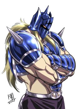 Rule 34 | 1boy, arm guards, armor, belt, black pants, blonde hair, chest guard, cowboy shot, crossed arms, dated, hashtag-only commentary, helmet, highres, kevin mask, kinnikuman, kinnikuman nisei, long hair, male focus, marufuji hirotaka, metal belt, muscular, muscular male, pants, shoulder armor, shoulder spikes, signature, simple background, solo, spiked helmet, spikes, standing, visor (armor), white background, yellow eyes