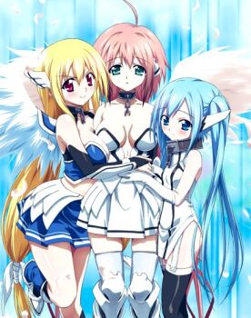 3girls astraea_(sora_no_otoshimono) bleed_through breasts cleavage ikaros large_breasts medium_breasts multiple_girls nymph_(sora_no_otoshimono) official_art scan scan_artifacts sora_no_otoshimono textless_version thighhighs watanabe_yoshihiro wings