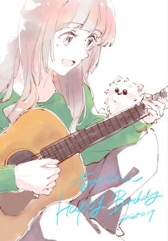 1girl :d acoustic_guitar animification brown_hair character_name commentary_request dated dog green_sweater guitar happy_birthday highres instrument kan_kanna l9525 long_hair long_sleeves music open_mouth playing_guitar playing_instrument pomeranian_(dog) real_life simple_background sitting smile solo sweater voice_actor white_background