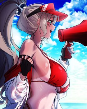 Rule 34 | 1girl, absurdres, barcode, barcode tattoo, bikini, black gloves, blue sky, blush, breasts, cloud, commentary request, day, dungeon and fighter, ella (dungeon and fighter), facial tattoo, fingerless gloves, from side, gloves, grey hair, hair ornament, hand up, hat, highres, holding, holding megaphone, horizon, jacket, jacket partially removed, korean commentary, large breasts, lifeguard, long hair, long sleeves, looking ahead, megaphone, navel, ocean, open mouth, outdoors, ponytail, red bikini, red hat, roan green, sidelocks, sky, solo, swimsuit, tan, tanline, tattoo, upper body, visor cap, white jacket